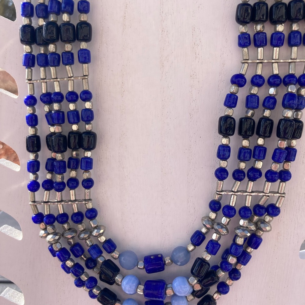Tribal Style Necklace Blue Black Silver beads 22” - Picture 3 of 10